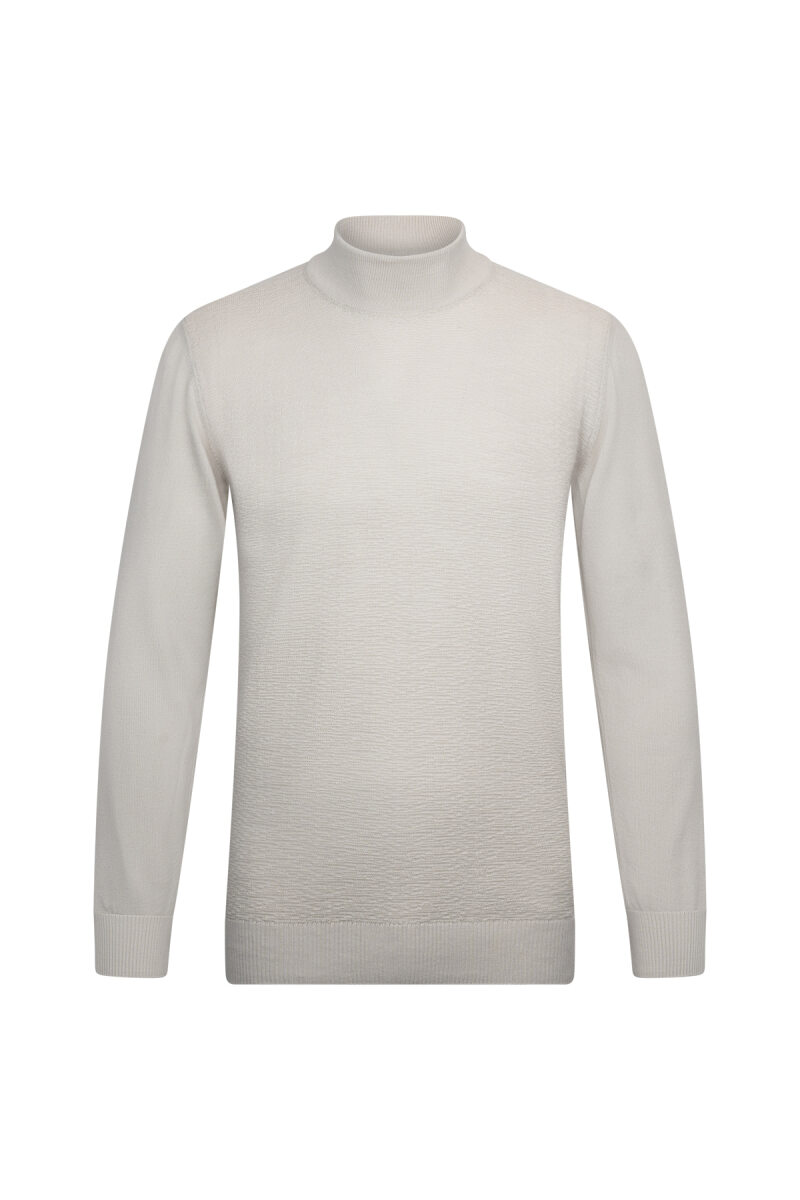 Bej Regular Fit Jakarlı Çeyrek Balıkçı Yaka Yünlü Triko Kazak - Hatemoğlu