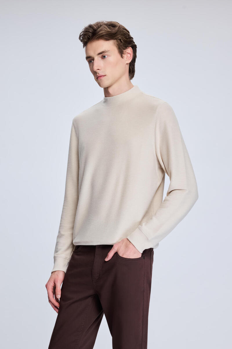 Bej Regular Fit Jakarlı Yarım Balıkçı Yaka Sweatshirt - Hatem Saykı (1)