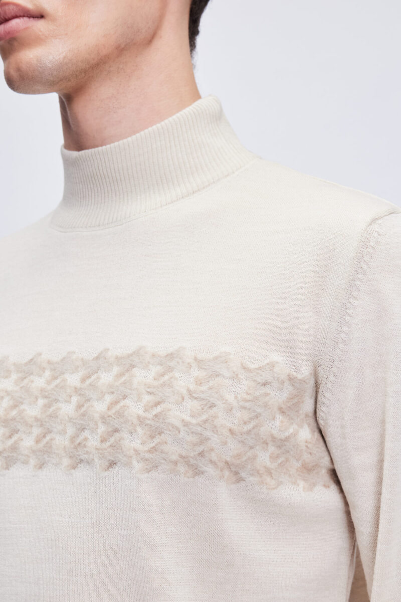 Bej Regular Fit Jakarlı Yarım Balıkçı Yaka Yünlü Triko Kazak - Hatem Saykı (1)