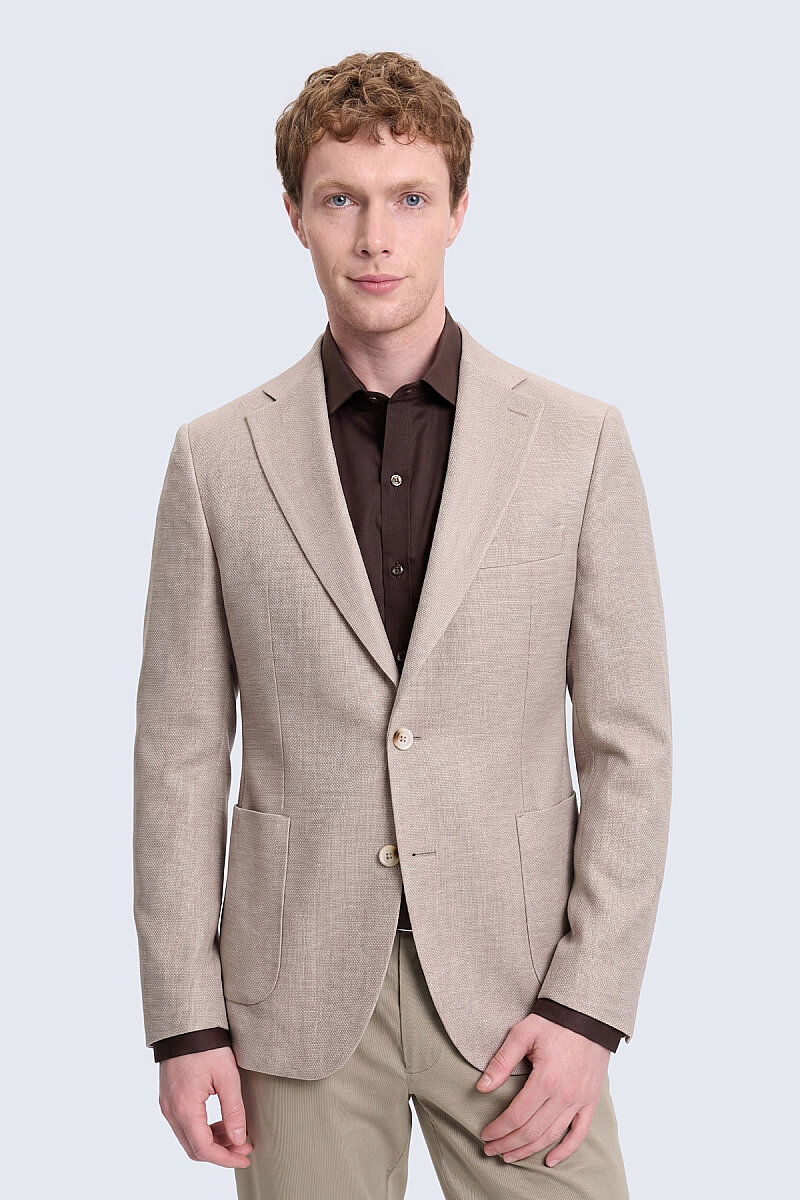 Bej Regular Fit Mono Yaka Casual Keten Ceket