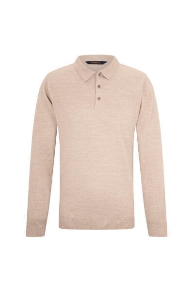 Bej Regular Fit Polo Yaka Yünlü Kazak 