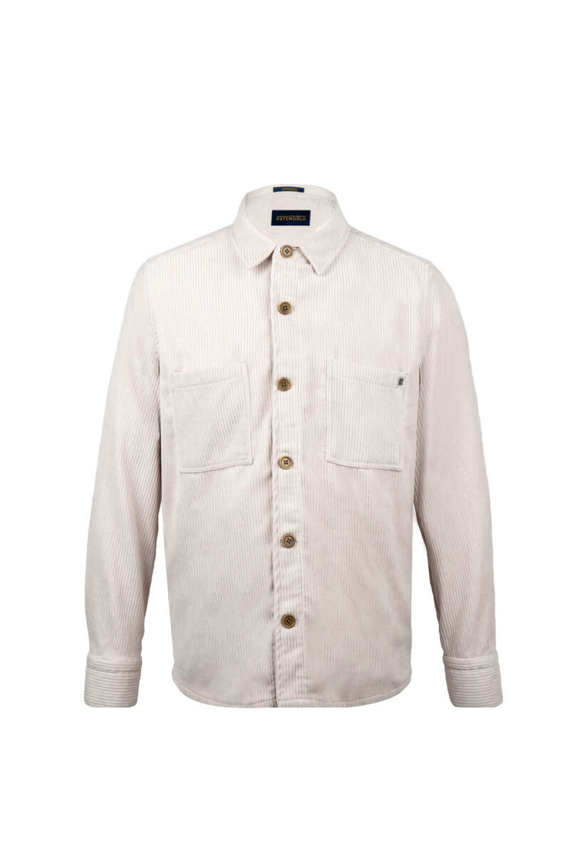 Bej Regular Fit Shacket Uzun Kol Fitilli Kadife Gömlek - Hatemoğlu