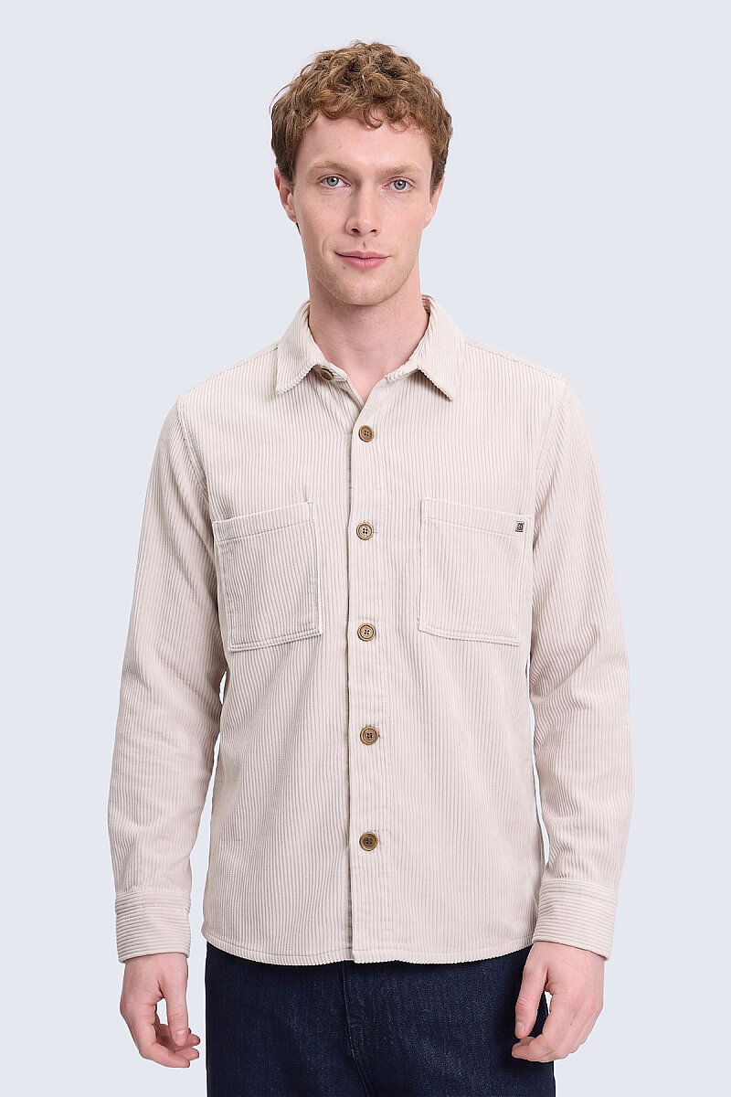 Bej Regular Fit Shacket Uzun Kol Fitilli Kadife Gömlek