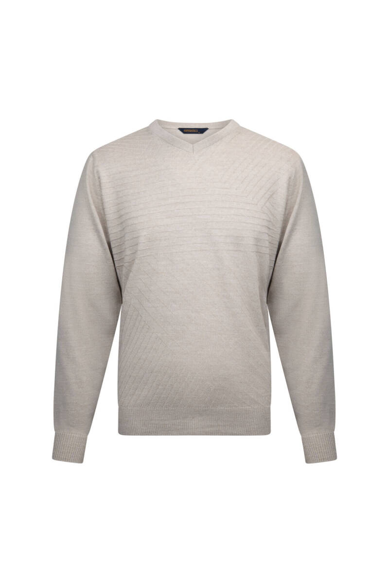 Bej Regular Fit V Yaka Yünlü Triko Kazak - Hatemoğlu