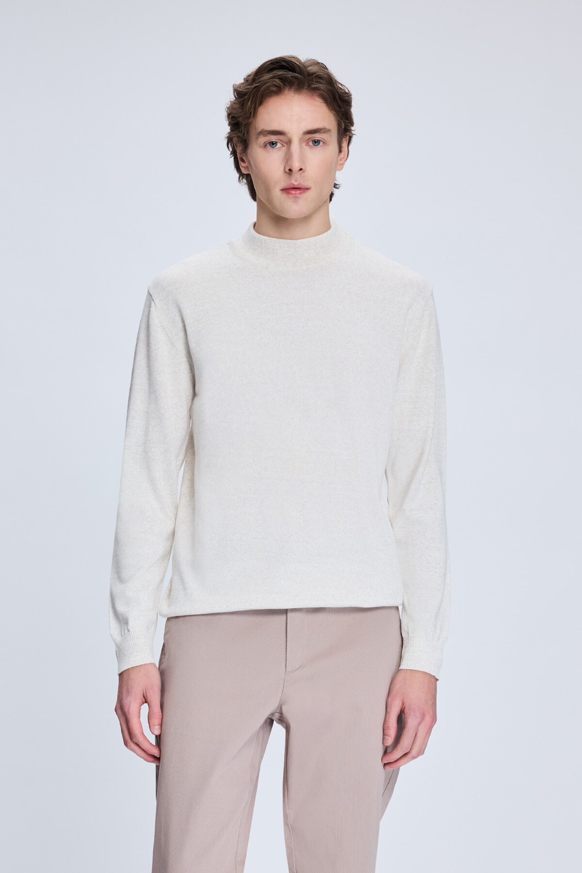 Bej Regular Fit Yarım Balıkçı Yaka Yünlü Triko Kazak - 1