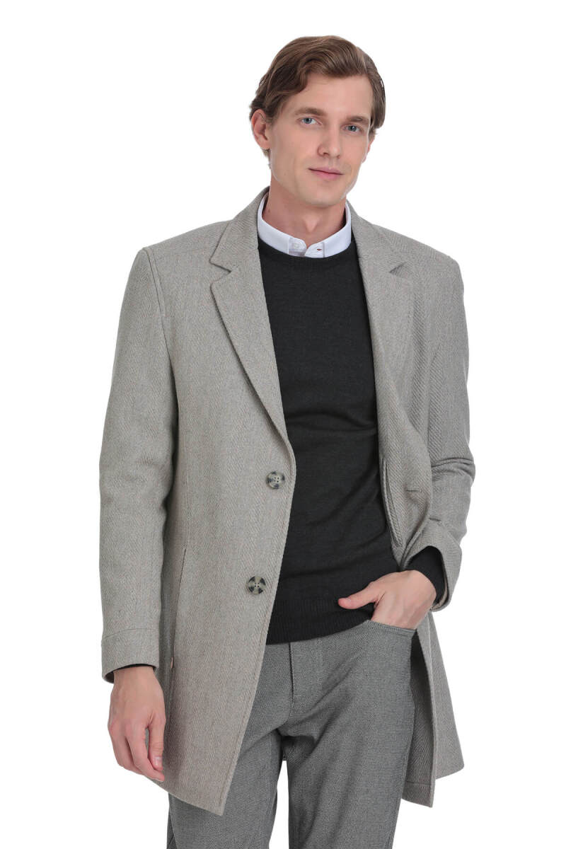 Bej Slim Fit Ceket Yaka Yünlü Kaşe Palto - SAYKI