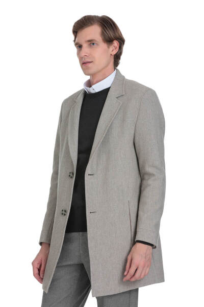 Bej Slim Fit Ceket Yaka Yünlü Kaşe Palto - 2