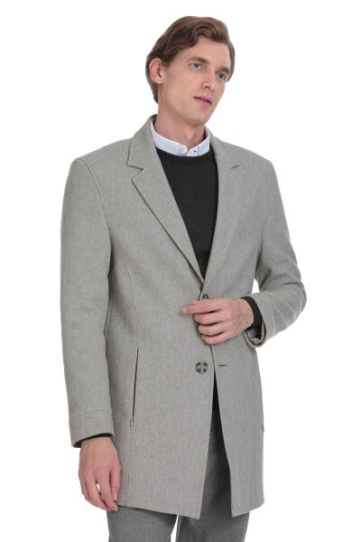 Bej Slim Fit Ceket Yaka Yünlü Kaşe Palto - 3