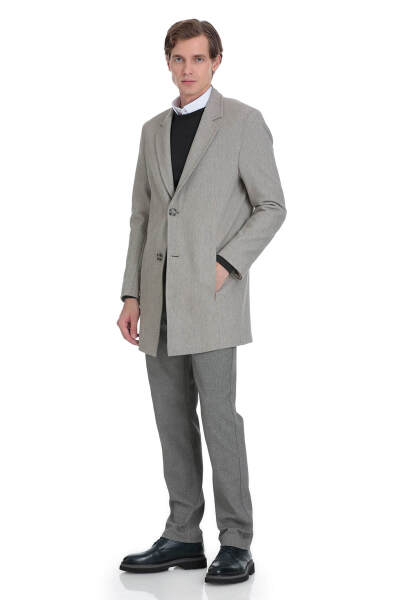 Bej Slim Fit Ceket Yaka Yünlü Kaşe Palto - 4