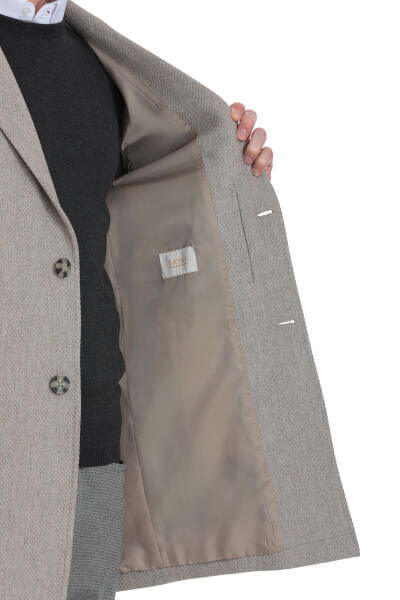 Bej Slim Fit Ceket Yaka Yünlü Kaşe Palto - 5