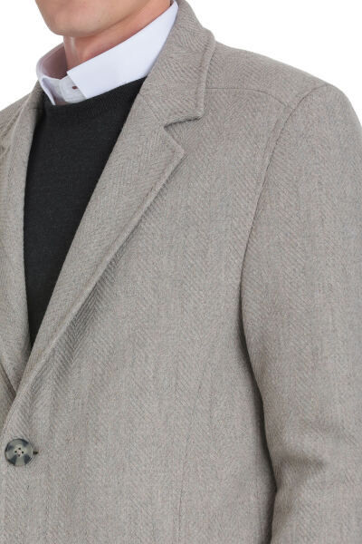 Bej Slim Fit Ceket Yaka Yünlü Kaşe Palto - 6