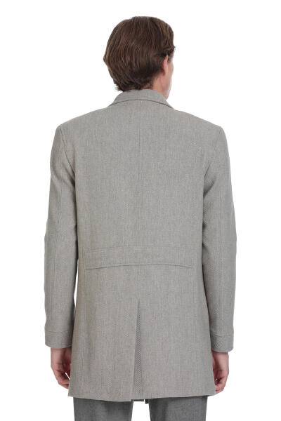 Bej Slim Fit Ceket Yaka Yünlü Kaşe Palto - 7