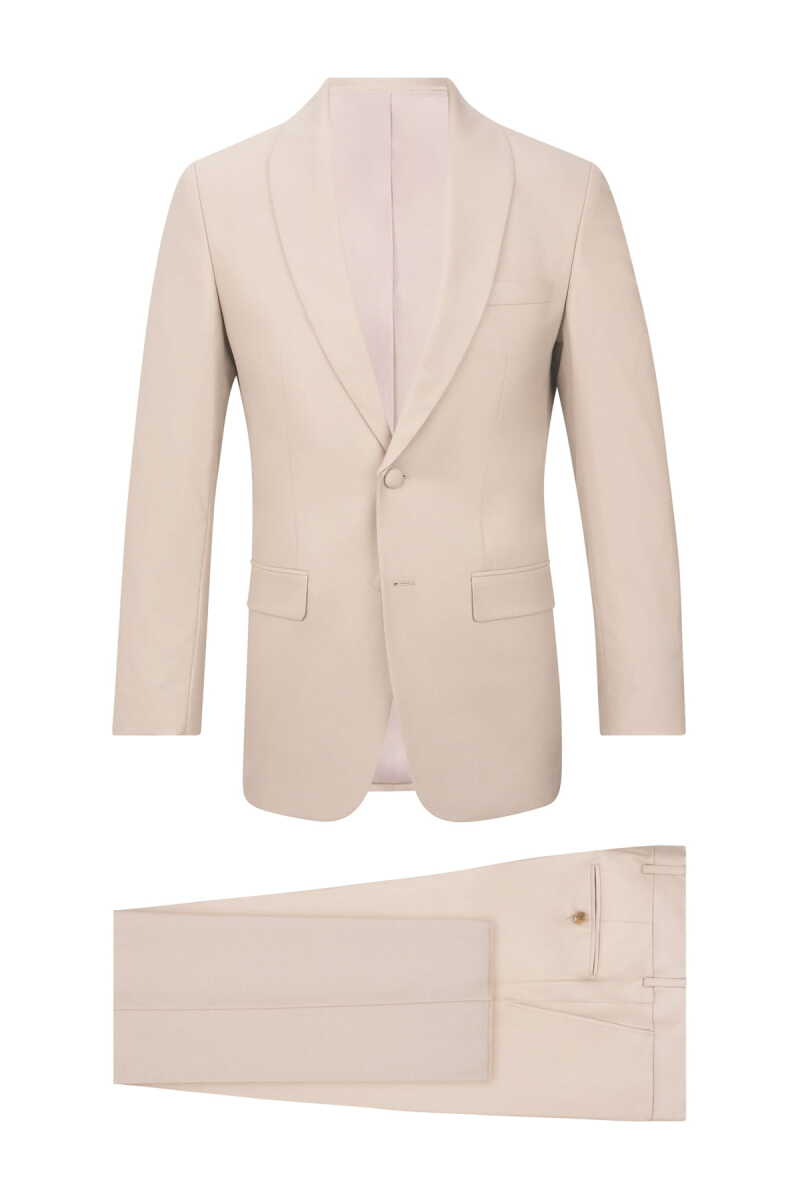 Bej Slim Fit Çıkma Şal Yaka Desenli Takım Elbise