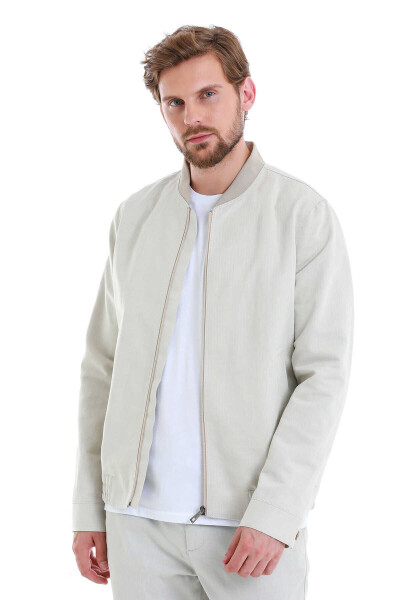 Bej Slim Fit Çizgili Dik Yaka Basic Mevsimlik Mont - 7