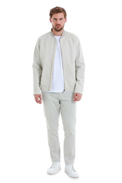 Bej Slim Fit Çizgili Dik Yaka Basic Mevsimlik Mont - 2