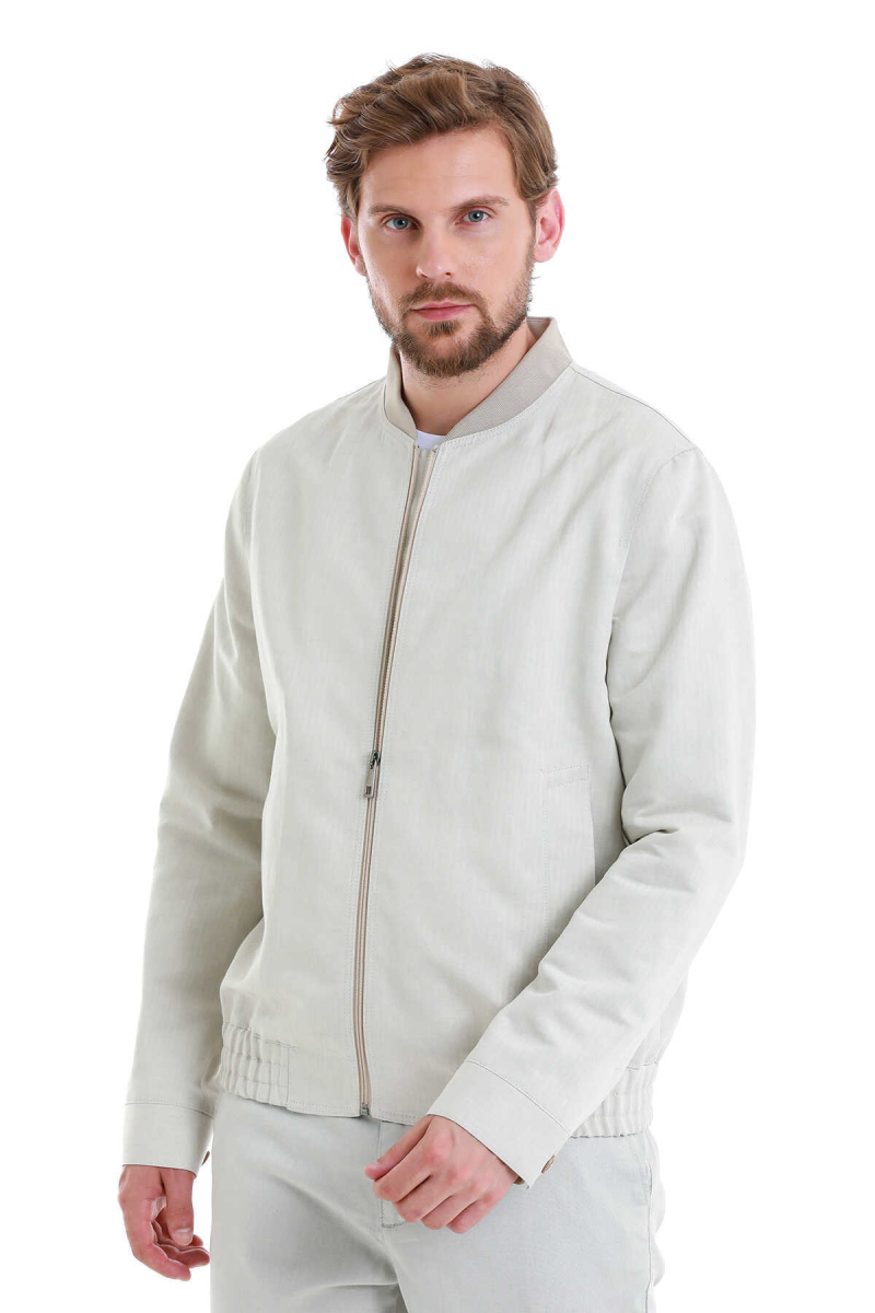 Bej Slim Fit Çizgili Dik Yaka Basic Mevsimlik Mont - Hatem Saykı (1)