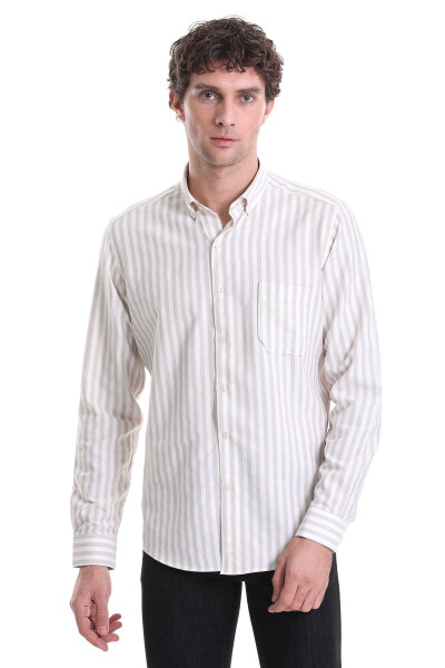 Bej Slim Fit Çizgili Dik Yaka Pamuklu Uzun Kollu Casual Gömlek 