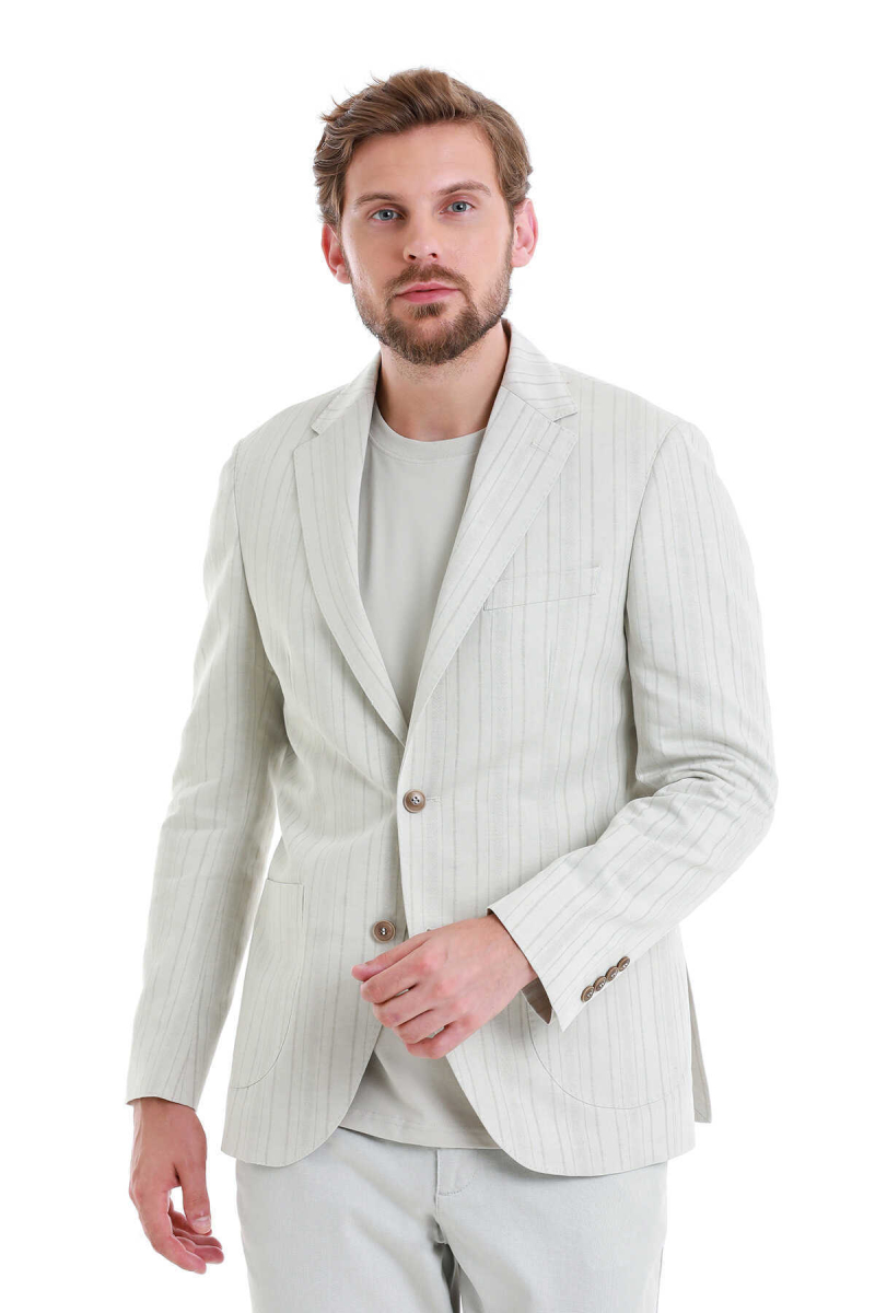 Bej Slim Fit Çizgili Mono Yaka Casual Keten Ceket - Hatem Saykı
