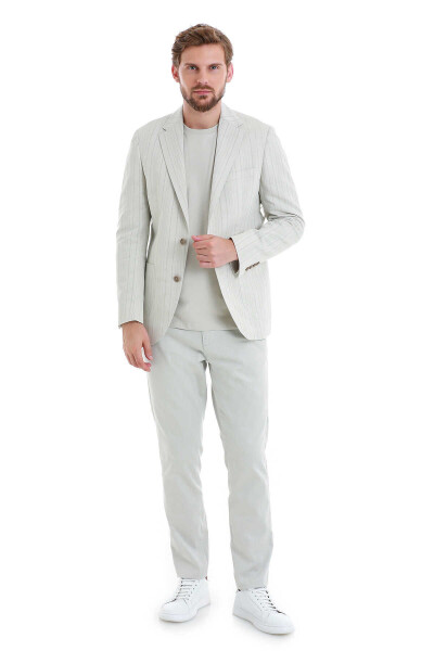 Bej Slim Fit Çizgili Mono Yaka Casual Keten Ceket - 2