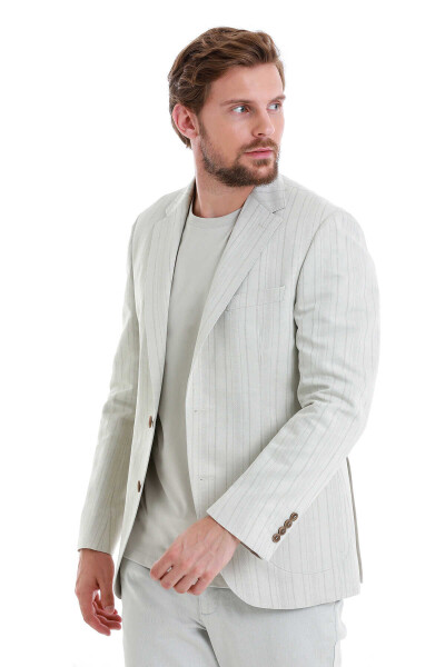 Bej Slim Fit Çizgili Mono Yaka Casual Keten Ceket - 3