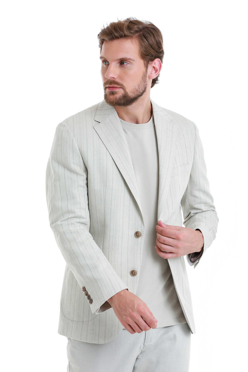 Bej Slim Fit Çizgili Mono Yaka Casual Keten Ceket - Hatem Saykı (1)
