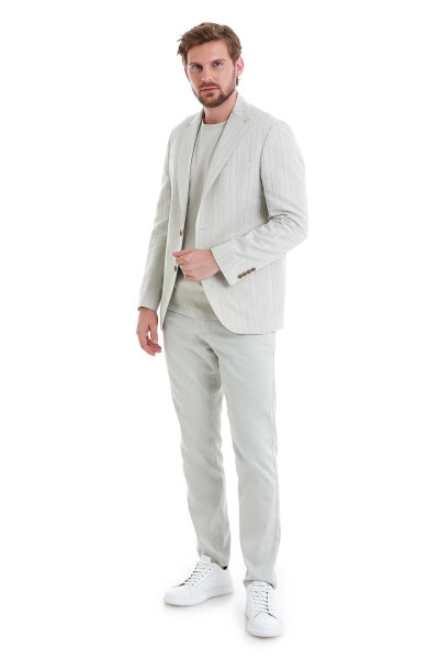 Bej Slim Fit Çizgili Mono Yaka Casual Keten Ceket - 5