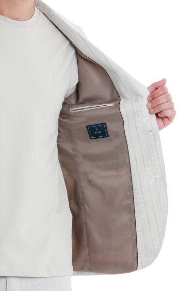 Bej Slim Fit Çizgili Mono Yaka Casual Keten Ceket - 6