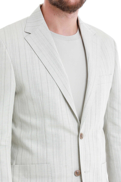 Bej Slim Fit Çizgili Mono Yaka Casual Keten Ceket - 7