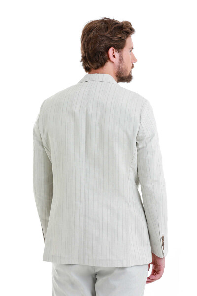 Bej Slim Fit Çizgili Mono Yaka Casual Keten Ceket - 8