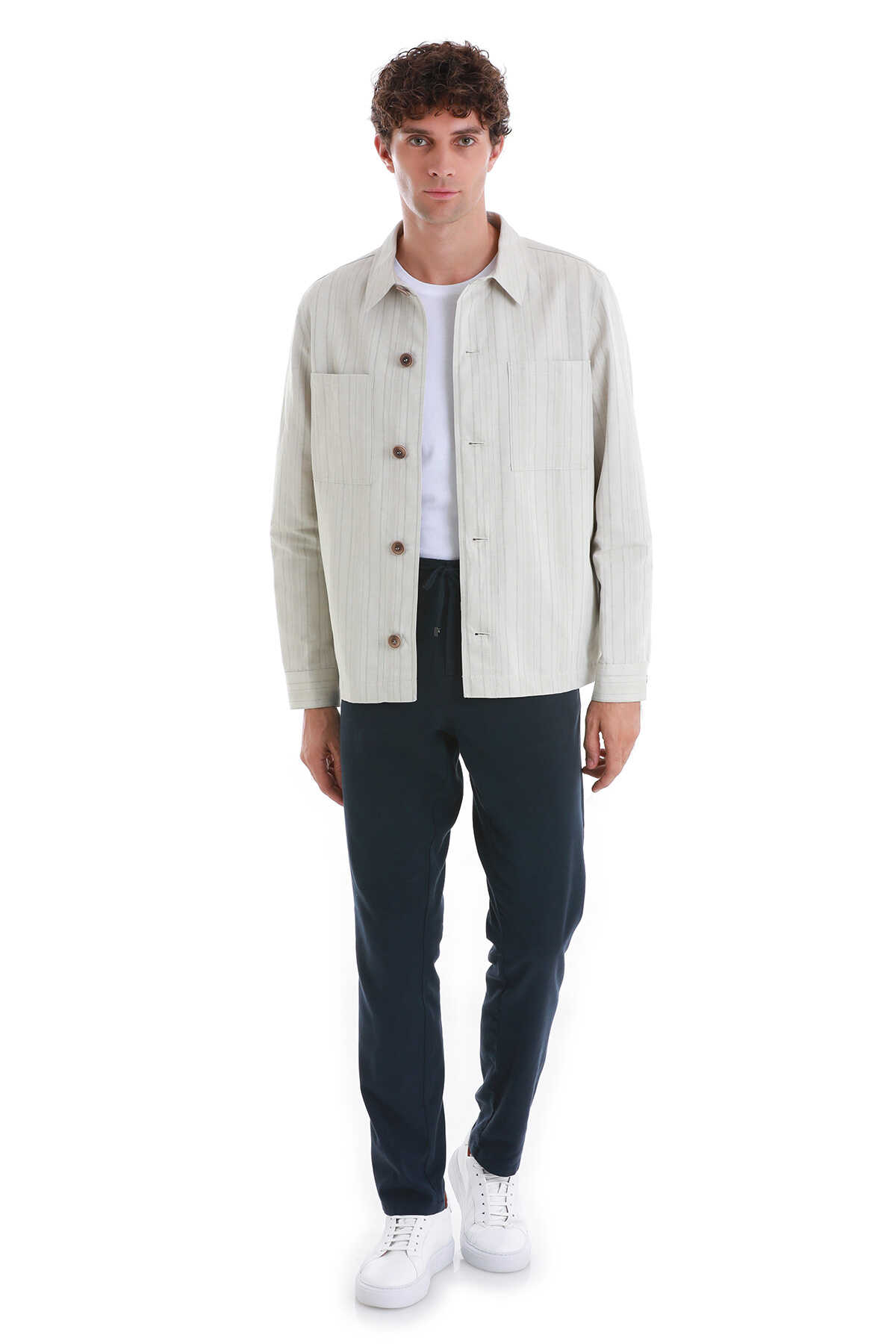 Bej Barron Slim Fit Çizgili Mono Yaka Klasik Keten Ceket - 2