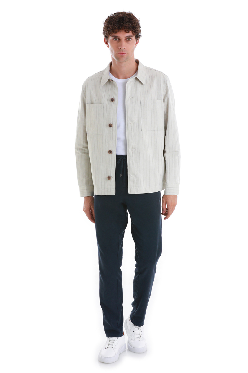 Bej Barron Slim Fit Çizgili Mono Yaka Klasik Keten Ceket - Hatem Saykı (1)