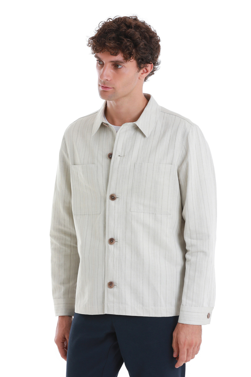 Bej Barron Slim Fit Çizgili Mono Yaka Klasik Keten Ceket - Hatem Saykı (1)