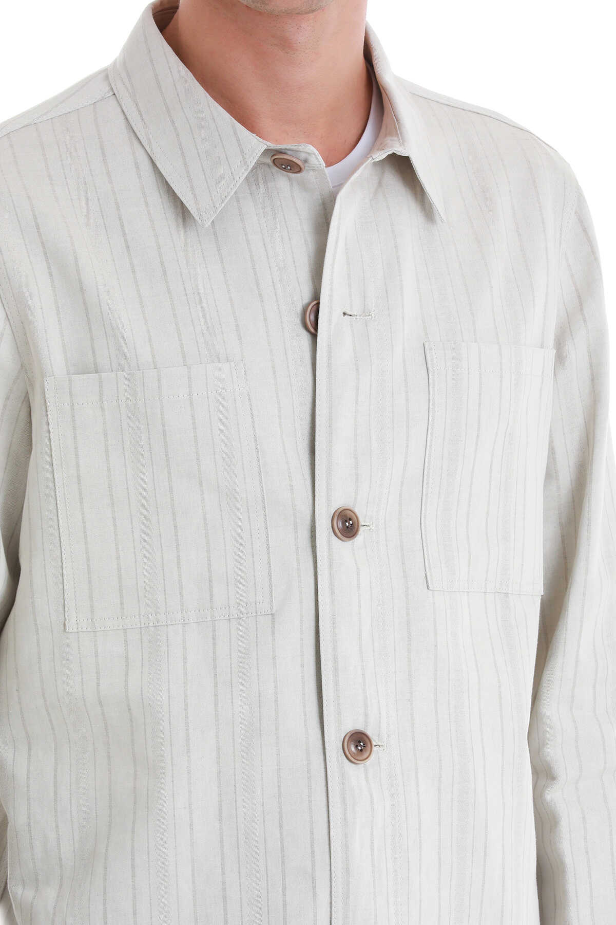 Bej Barron Slim Fit Çizgili Mono Yaka Klasik Keten Ceket - 7