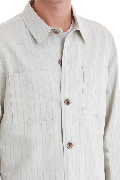 Bej Barron Slim Fit Çizgili Mono Yaka Klasik Keten Ceket - 7