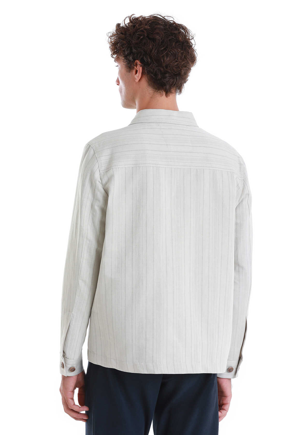 Bej Barron Slim Fit Çizgili Mono Yaka Klasik Keten Ceket - 8