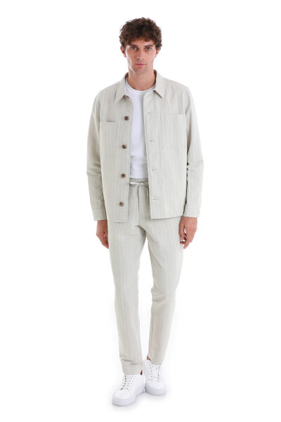 Bej Barron Slim Fit Çizgili Mono Yaka Klasik Keten Ceket - 6