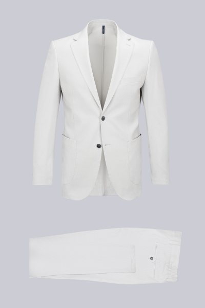 Bej Slim Fit Çizgili Mono Yaka Takım Elbise - 1