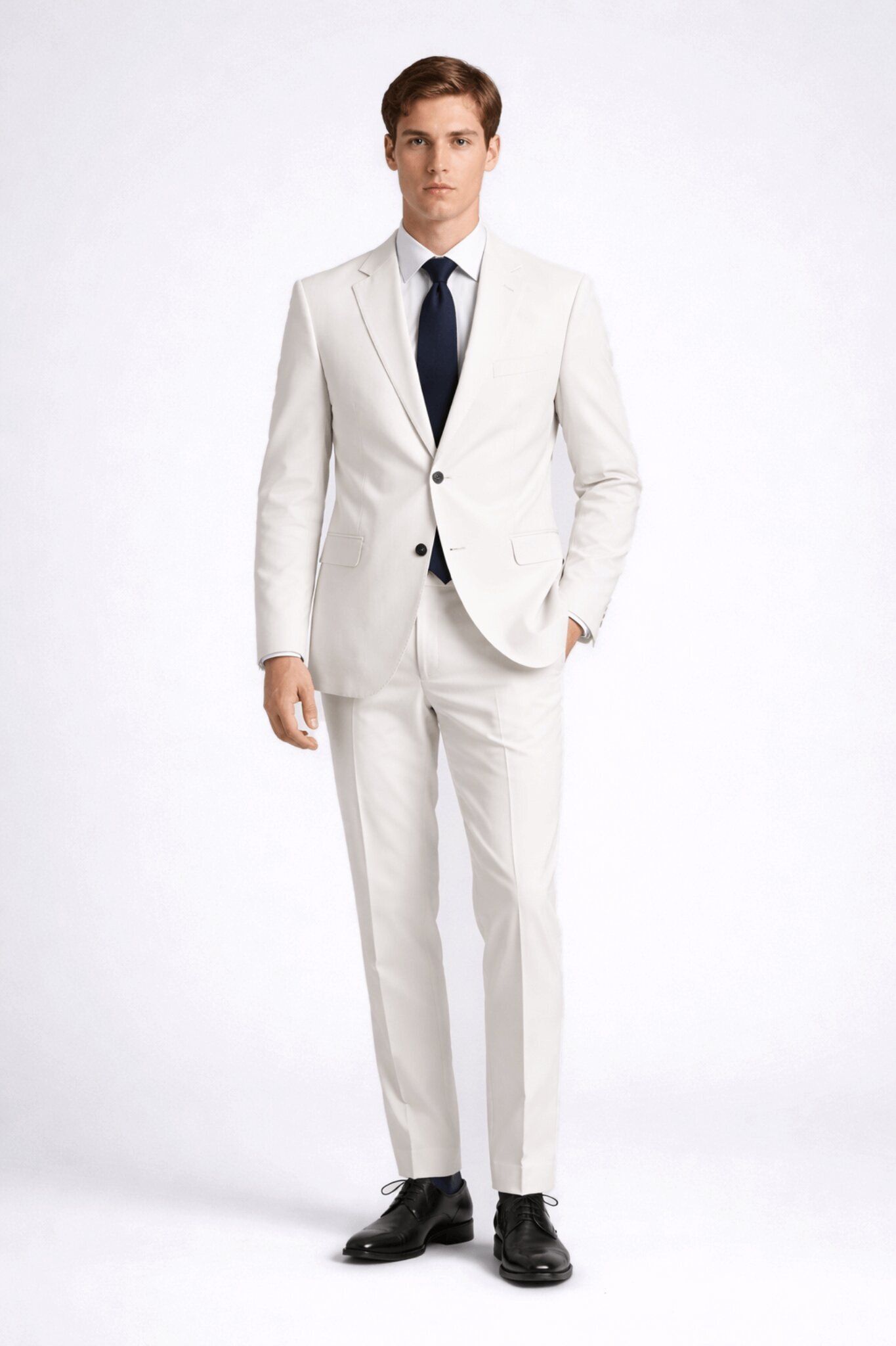 Bej Slim Fit Çizgili Mono Yaka Takım Elbise - 1