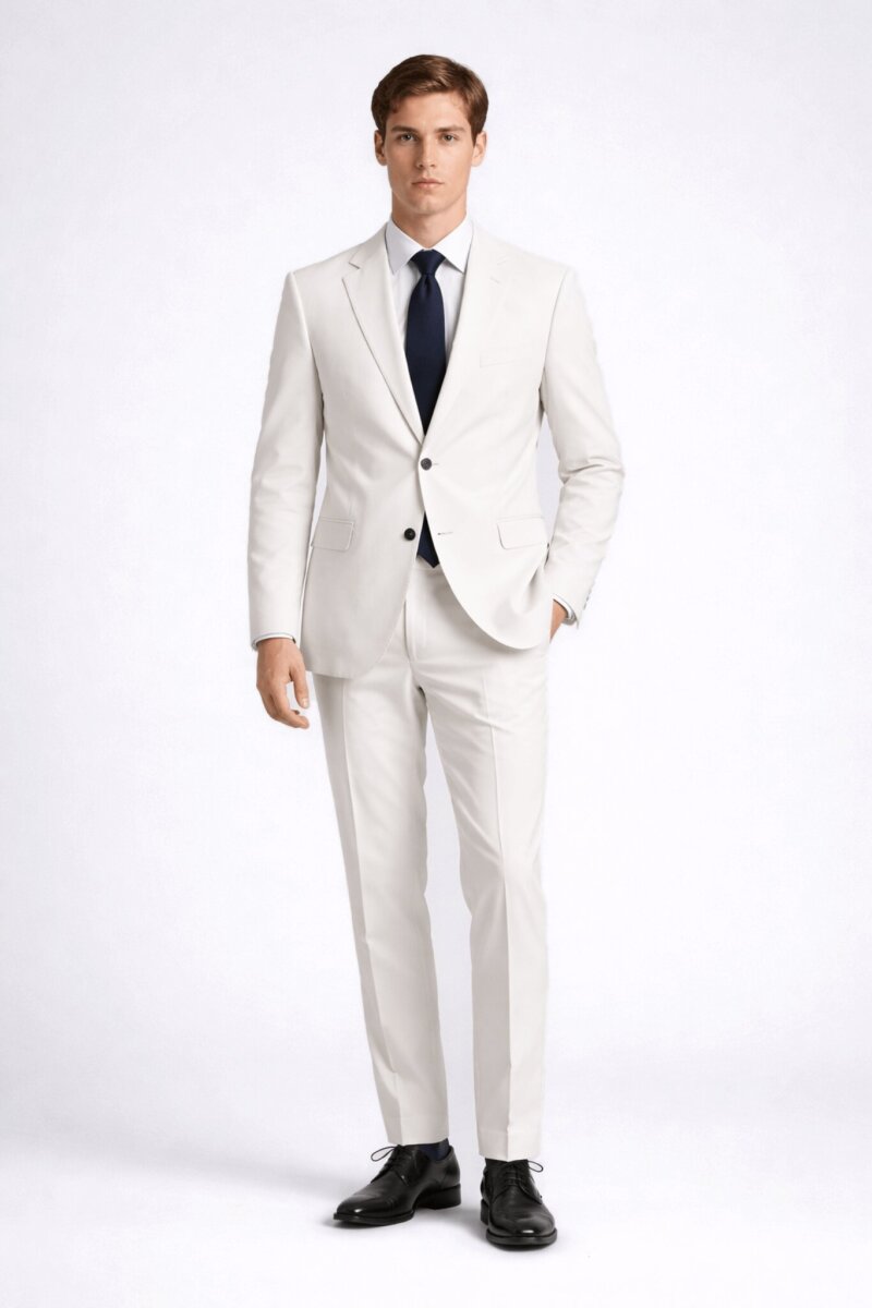 Bej Slim Fit Çizgili Mono Yaka Takım Elbise