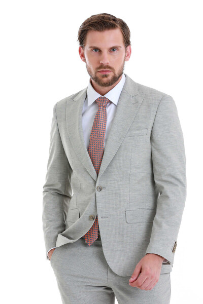 Bej Slim Fit Çizgili Sivri Yaka Klasik Takım Elbise - 2