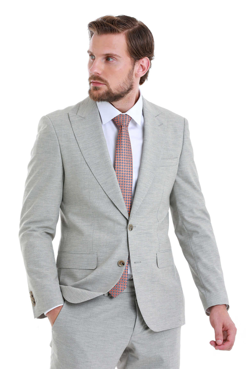 Bej Slim Fit Çizgili Sivri Yaka Klasik Takım Elbise - Hatem Saykı (1)