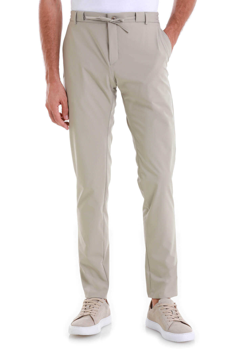 Bej Slim Fit Çizgili Yandan Cepli Jogger Pantolon - HATEM SAYKI