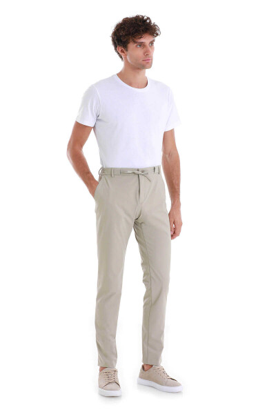 Bej Slim Fit Çizgili Yandan Cepli Jogger Pantolon - 2