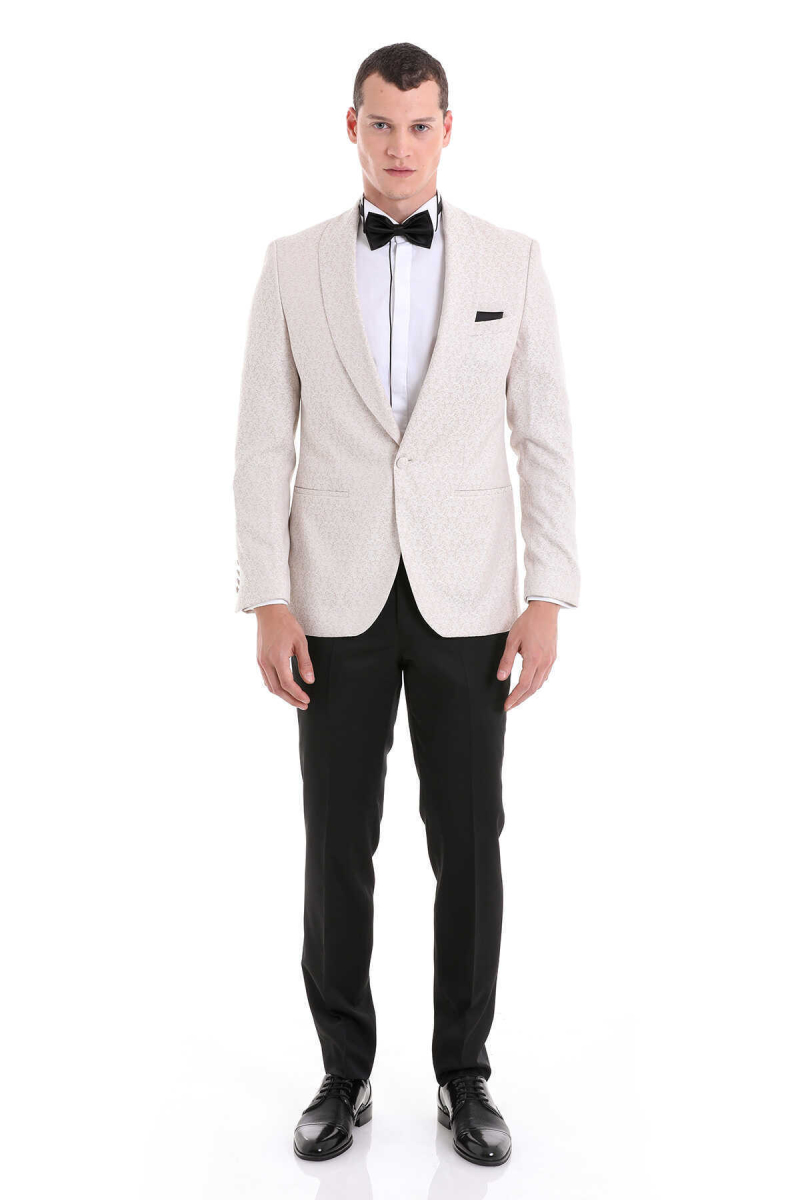 Bej Slim Fit Şal Yaka Desenli Klasik Damatlık - Hatem Saykı