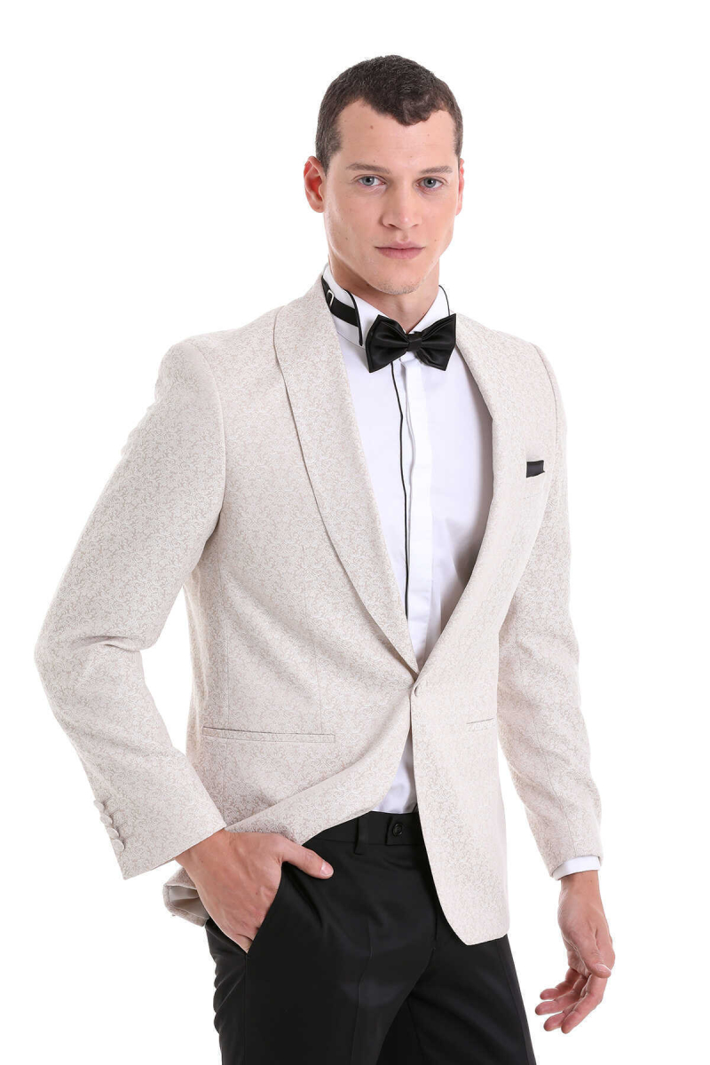 Bej Slim Fit Şal Yaka Desenli Klasik Damatlık - Hatem Saykı (1)