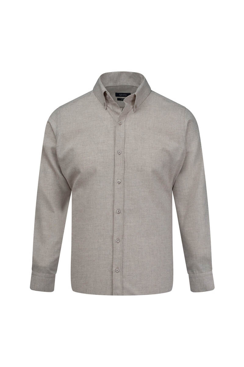 Bej Slim Fit Düğmeli Yaka Pamuklu Uzun Kollu Spor Gömlek - Saykı