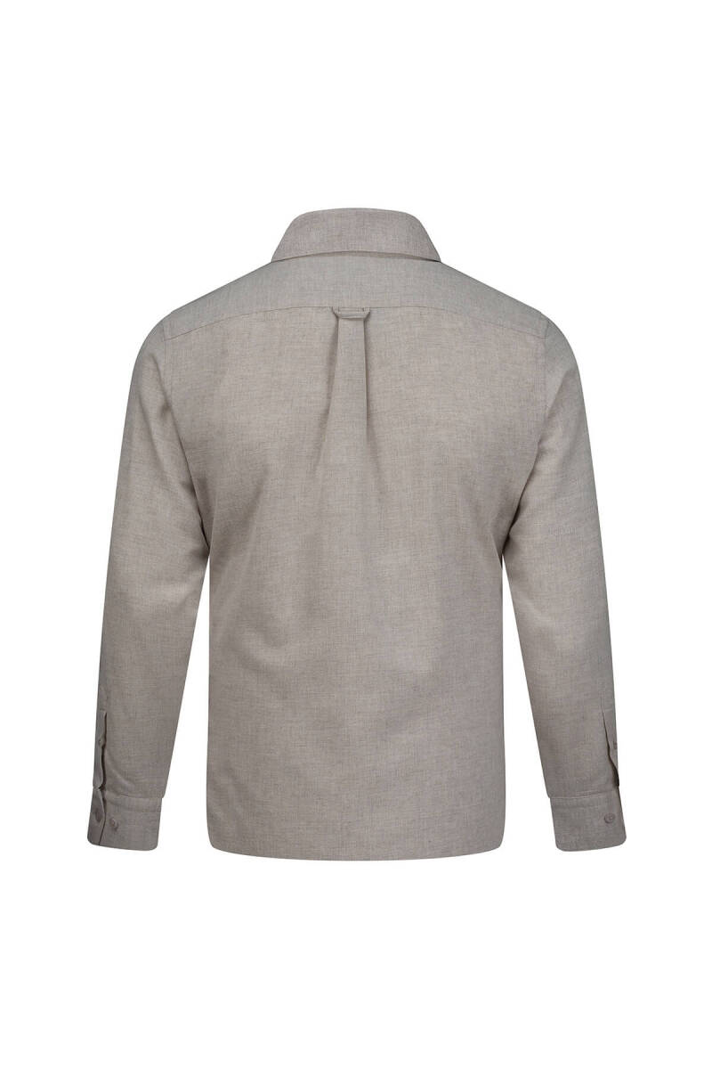 Bej Slim Fit Düğmeli Yaka Pamuklu Uzun Kollu Spor Gömlek - Saykı (1)