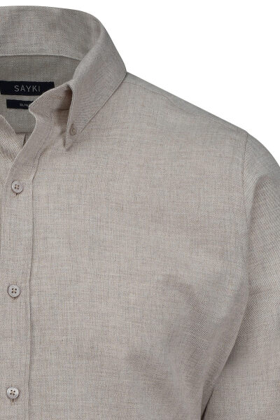 Bej Slim Fit Düğmeli Yaka Pamuklu Uzun Kollu Spor Gömlek - 2