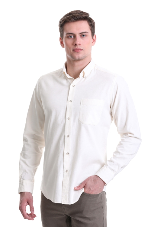 Hatem Saykı - Bej Slim Fit Düz 100% Pamuklu Düğmeli Yaka Uzun Kollu Klasik Gömlek