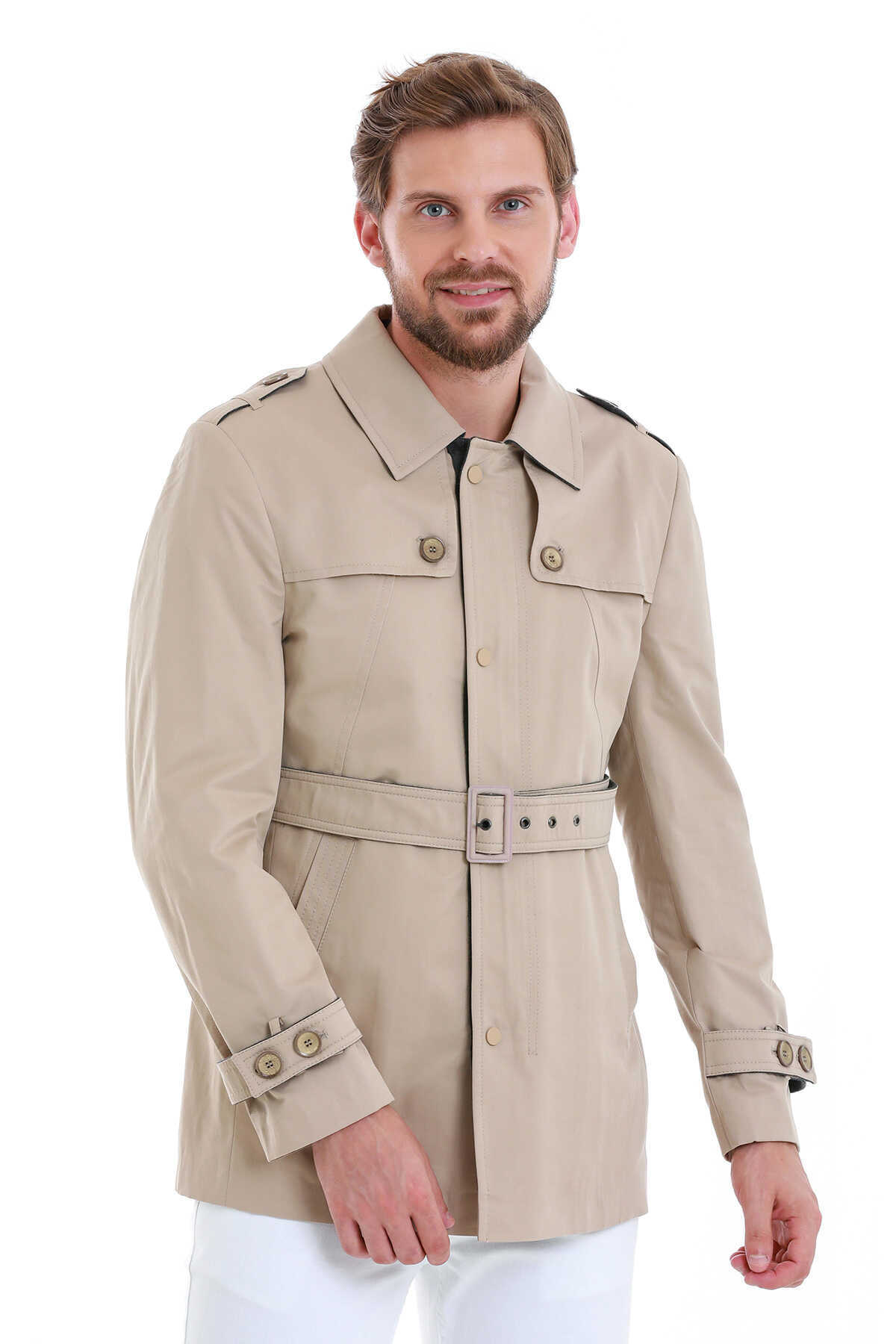 Bej Slim Fit Bebe Yaka Pamuklu Trençkot - 1